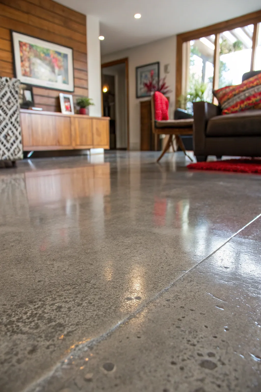 Transform your space with the modern elegance of sleek gray stained concrete floors.