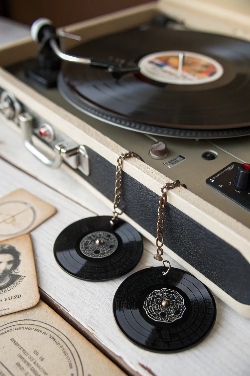 Vinyl record earrings that bring a retro music vibe to your look.