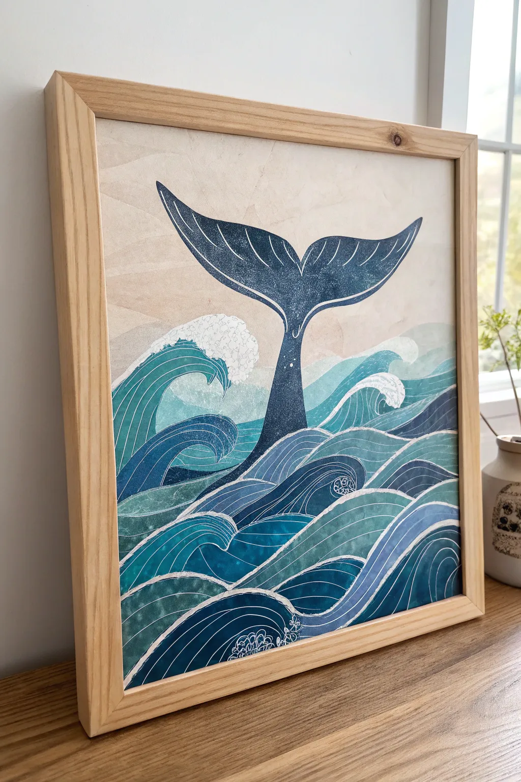 Dive into serenity with this minimalist whale tail painting—where artistry meets the sea's playful hues.