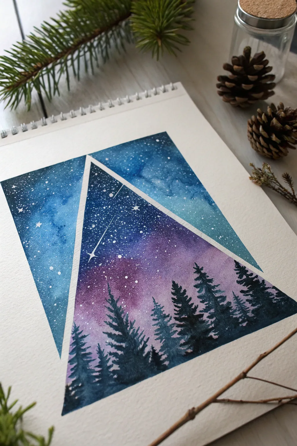Discover the charm of geometric night scenes with watercolor - where sharp lines meet fluid artistry in perfect harmony.