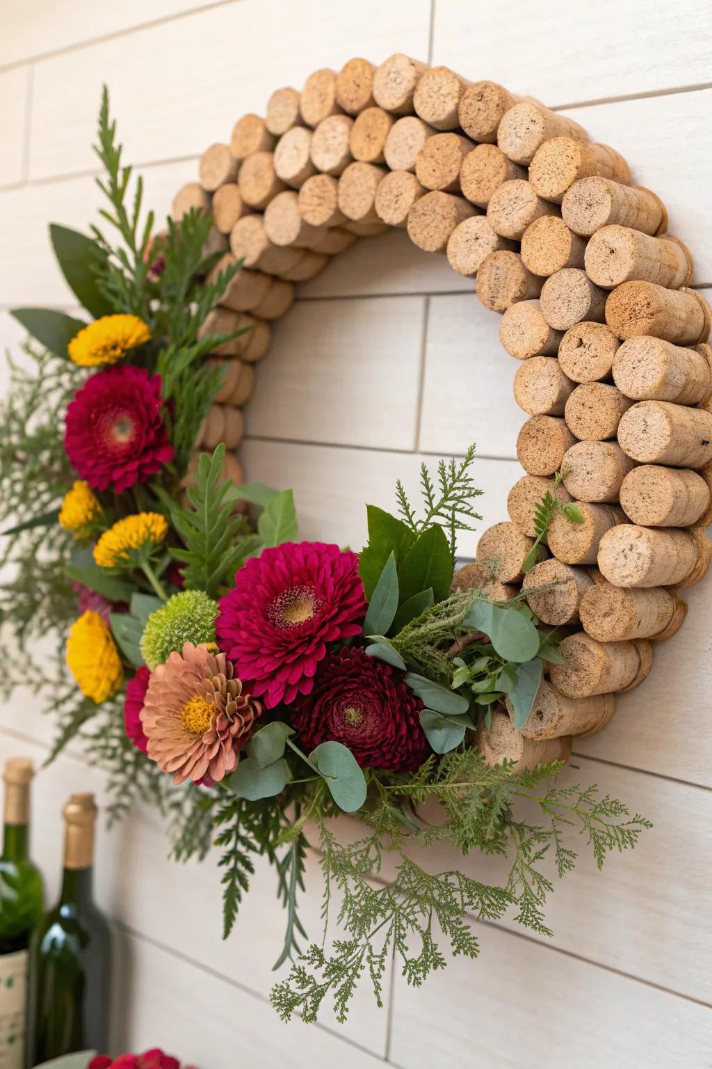 Floral Cork Delight: Elevate your decor with this stunning blend of natural corks and vibrant blooms, perfect for a fresh spring or summer touch.