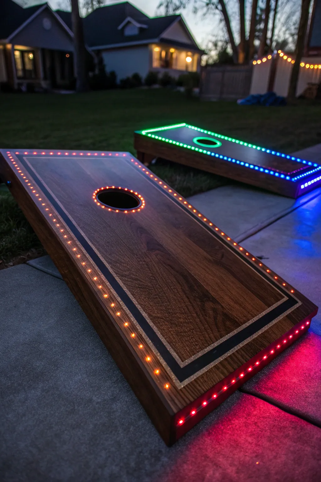 Illuminate your game nights with this stunning LED-lit cornhole board, combining craftsmanship with a vibrant light display.