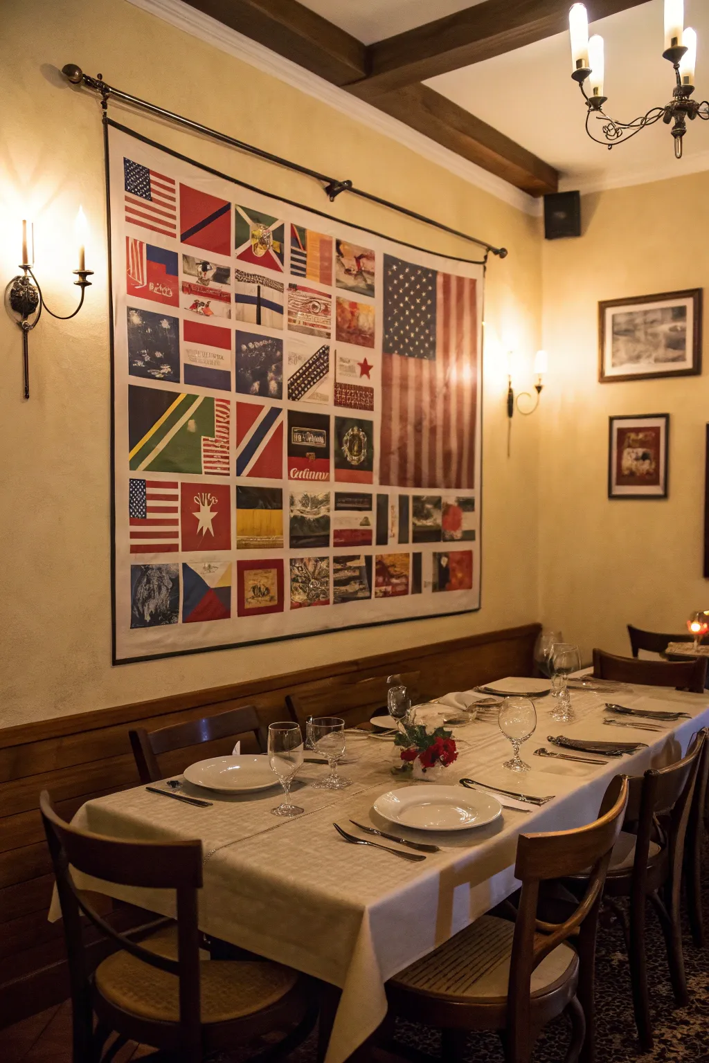 A flag collage poster making a bold statement in a dining room.