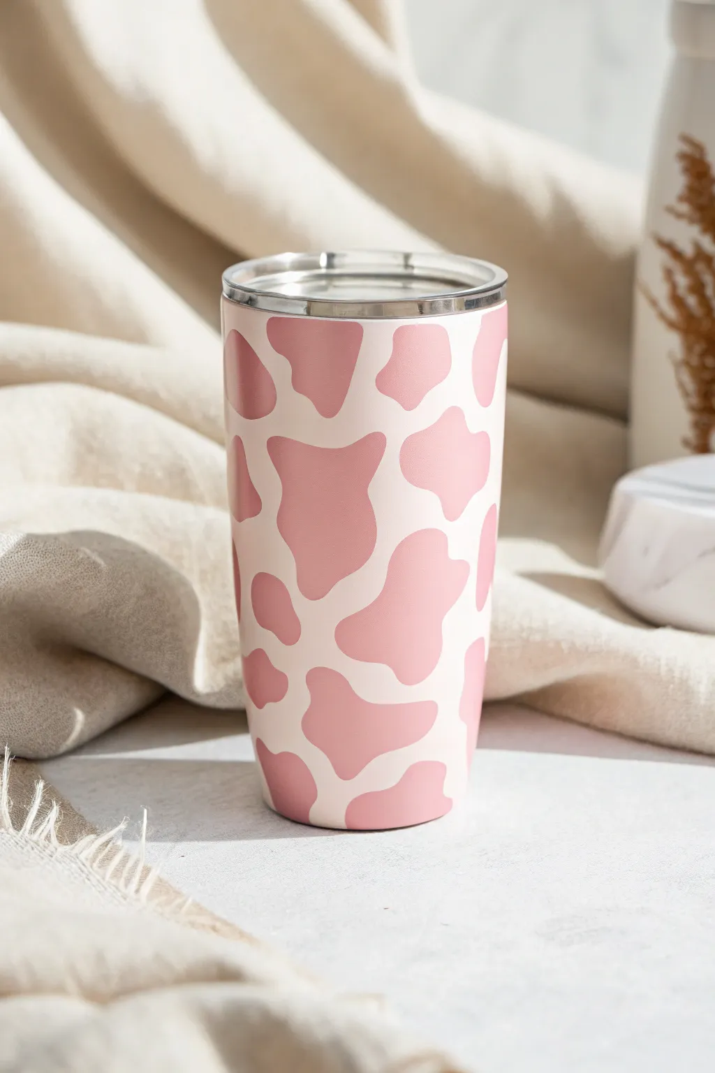 Embrace the whimsical charm of a pastel pink cow print tumbler – where minimalism meets playful elegance.