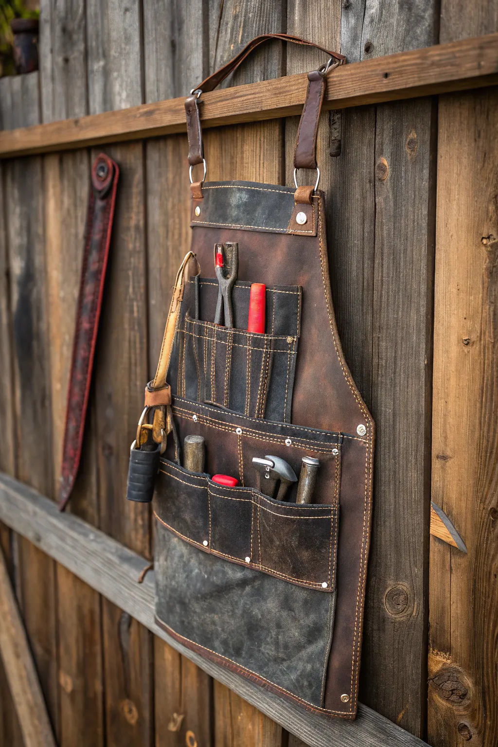 Elevate your workshop style with this repurposed tool belt apron—where functionality meets rugged elegance.