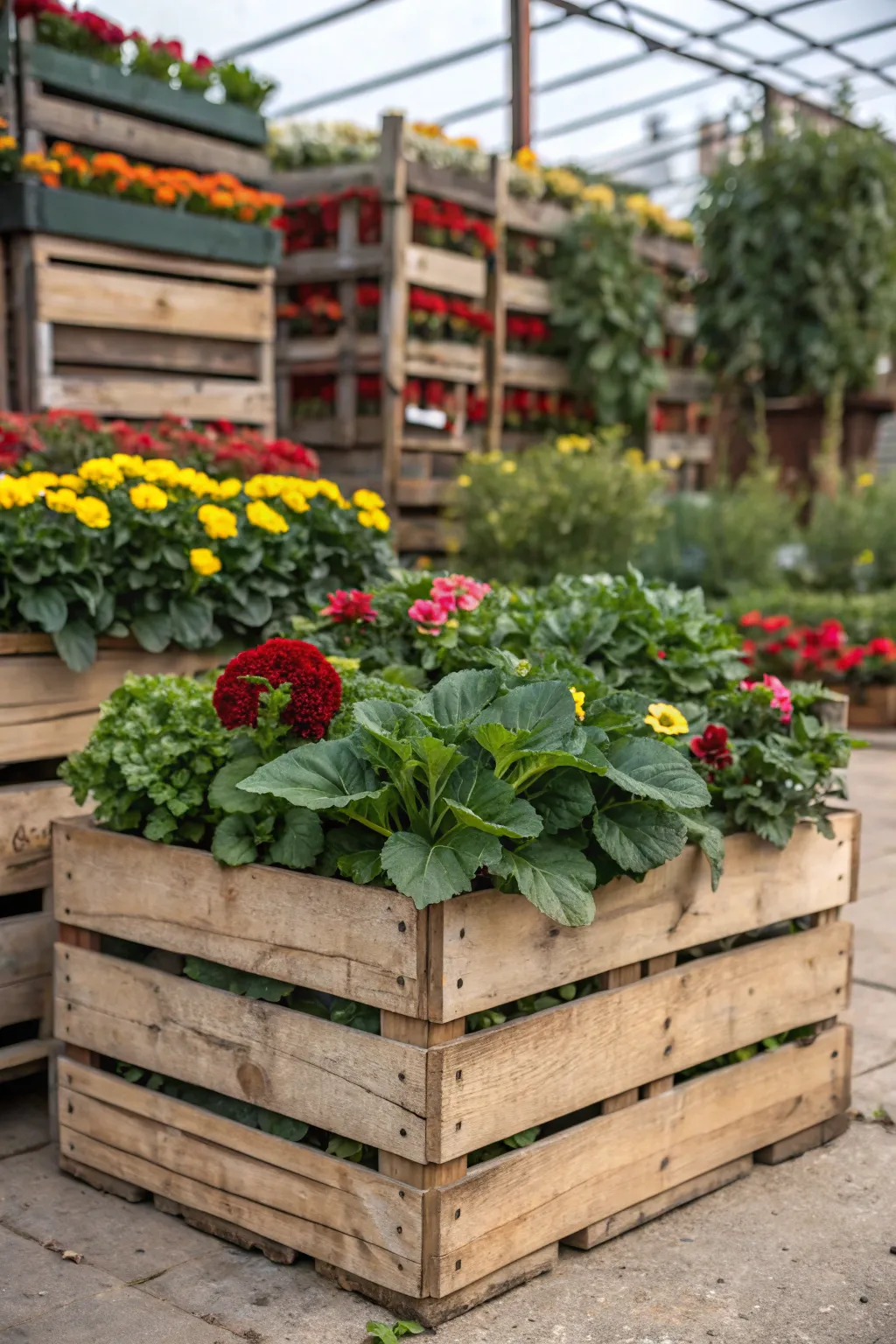 Elevate your garden with handcrafted charm using rustic crates for a lush plant display.