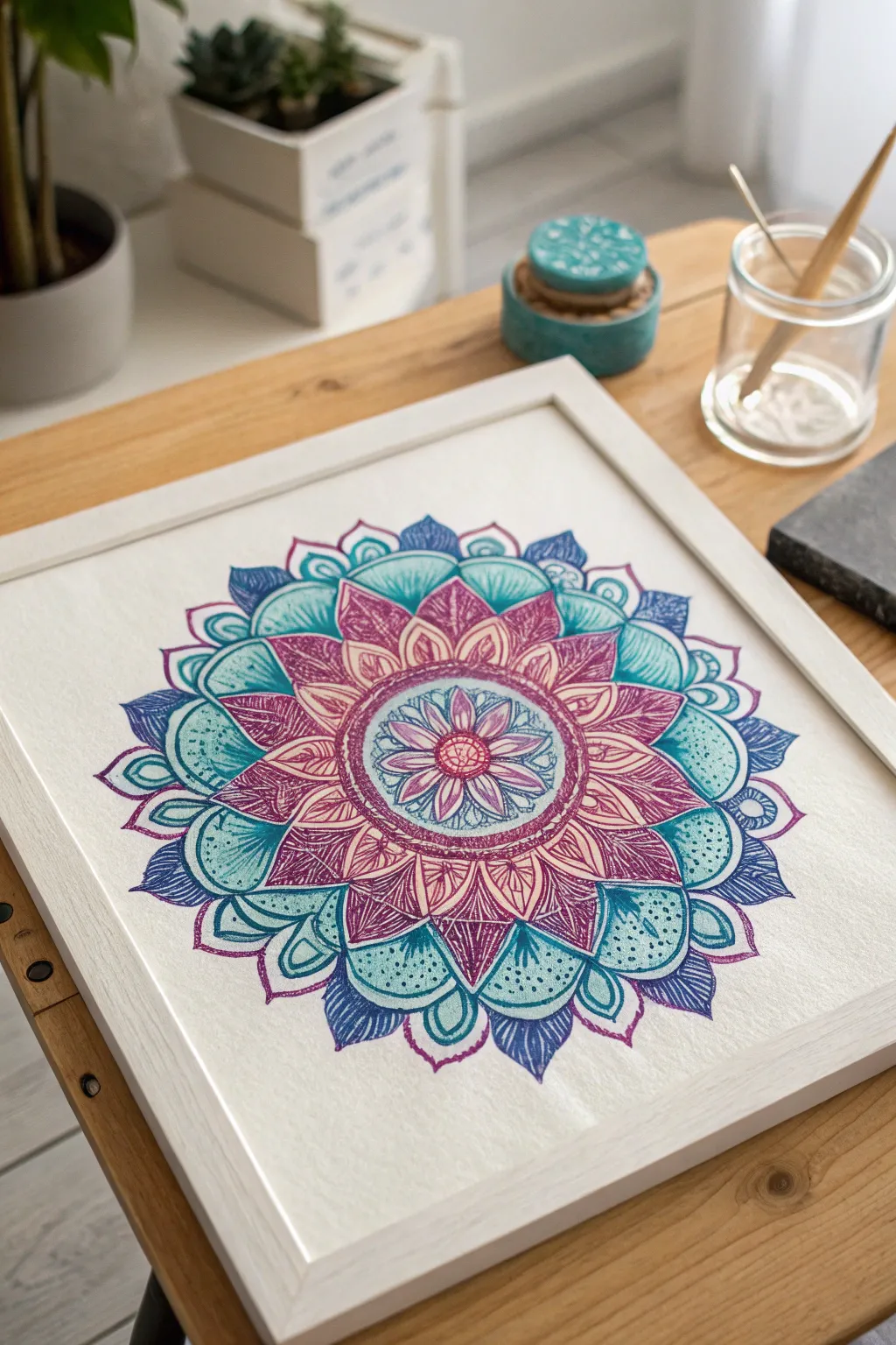 Unleash your inner artist with this vibrant crayon mandala—where bold colors and intricate patterns meet minimalist elegance.