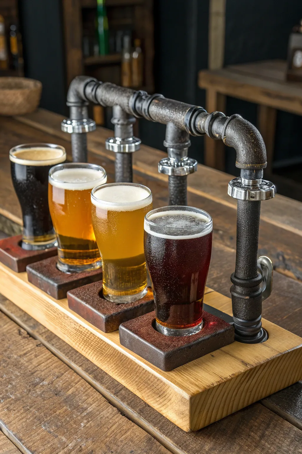 Elevate your beer tasting with this industrial pipe flight board—where craftsmanship meets creativity.