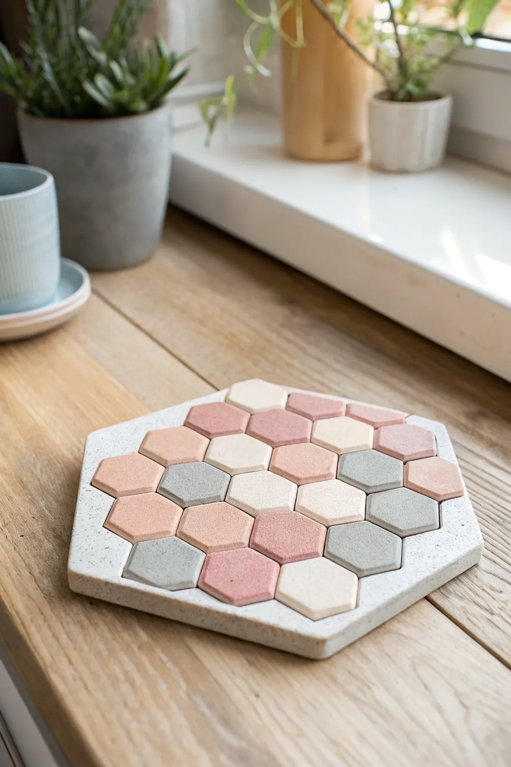 Elevate your kitchen design with the elegance of geometric clay trivets.