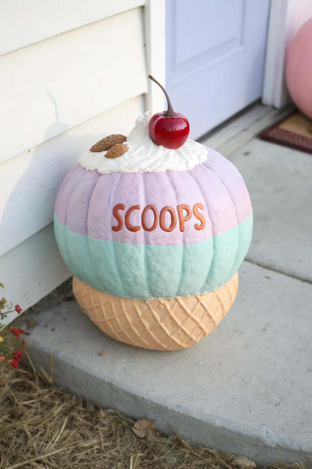 Sweeten up your autumn decor with a pastel-painted pumpkin ice cream cone!