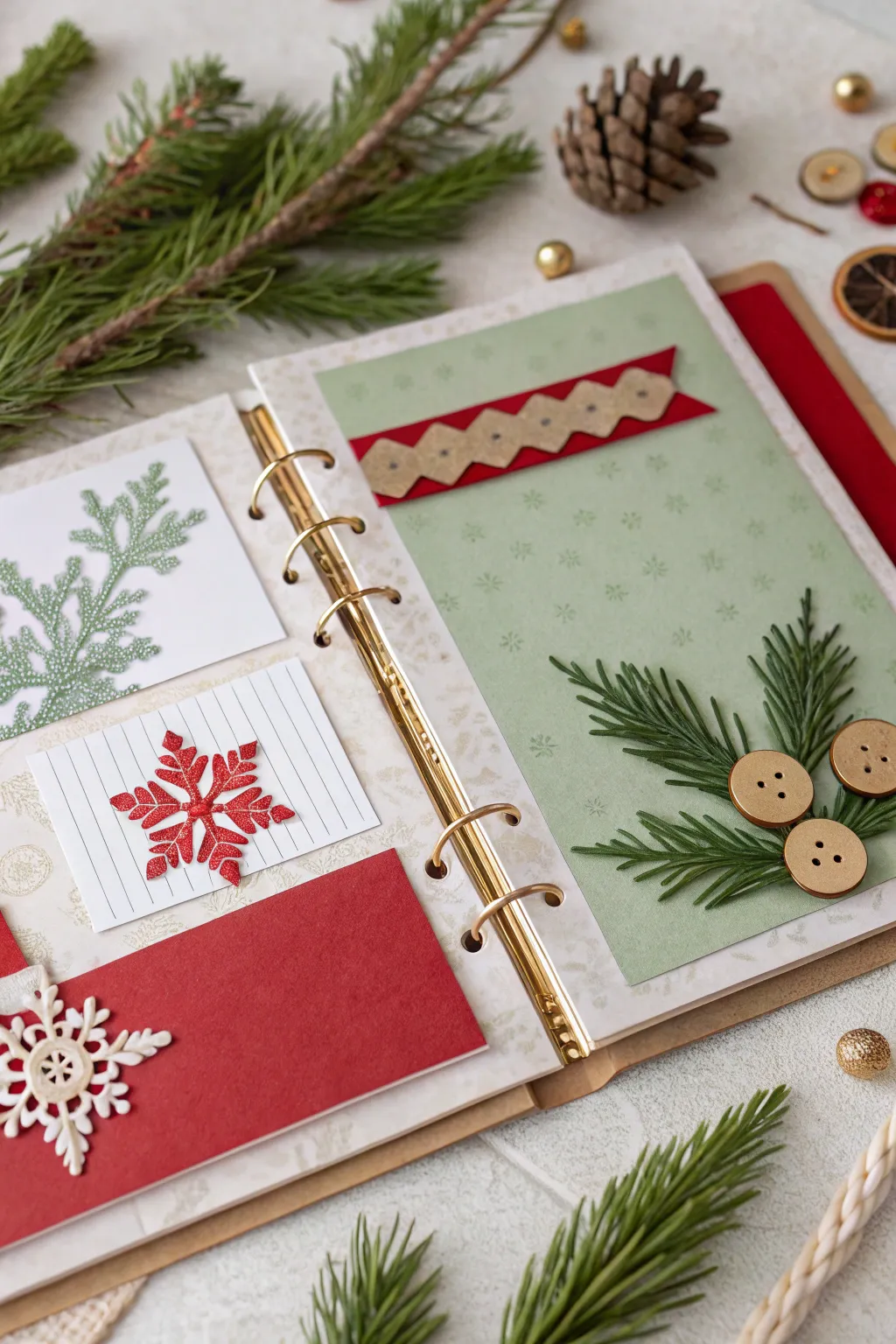 Embrace the festive spirit with a Scandinavian-Boho themed Christmas scrapbook page, where simplicity meets natural beauty.