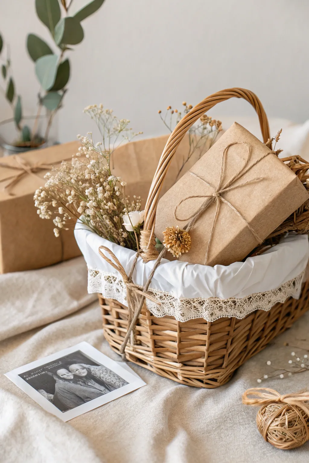 Add a personal touch to your gift basket with a cherished photo, beautifully wrapped with minimalist elegance.