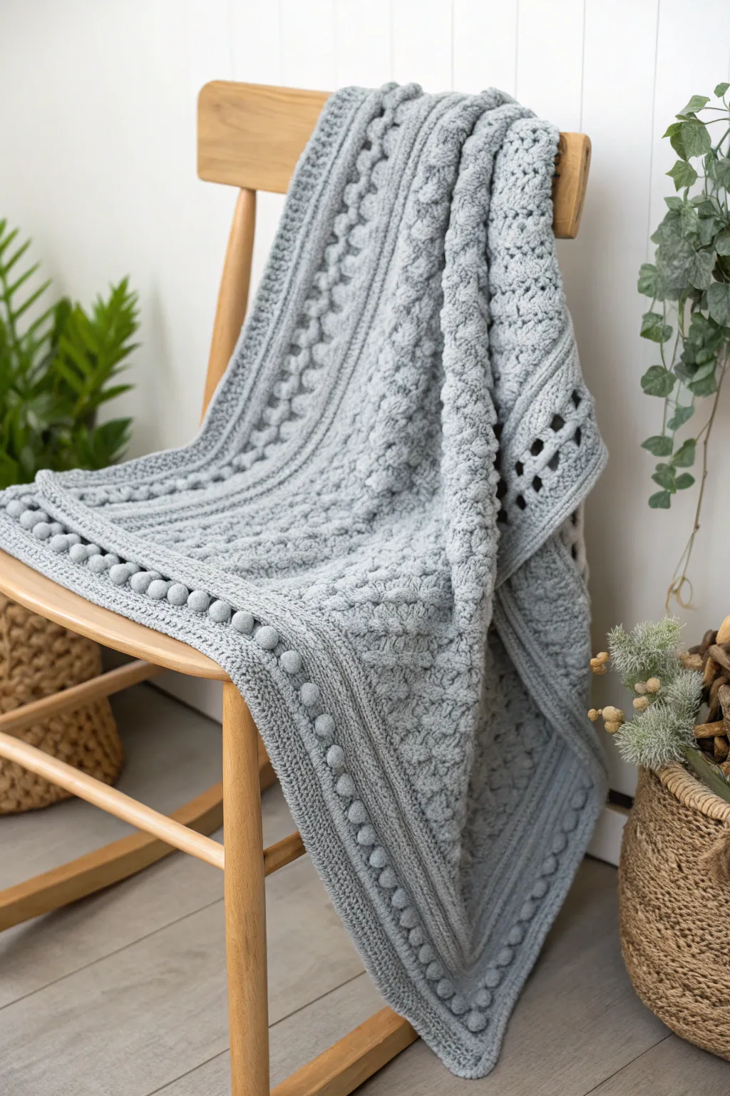 Explore the cozy allure of textured bobble stitches in this charming crochet baby boy blanket, perfect for little hands to explore.