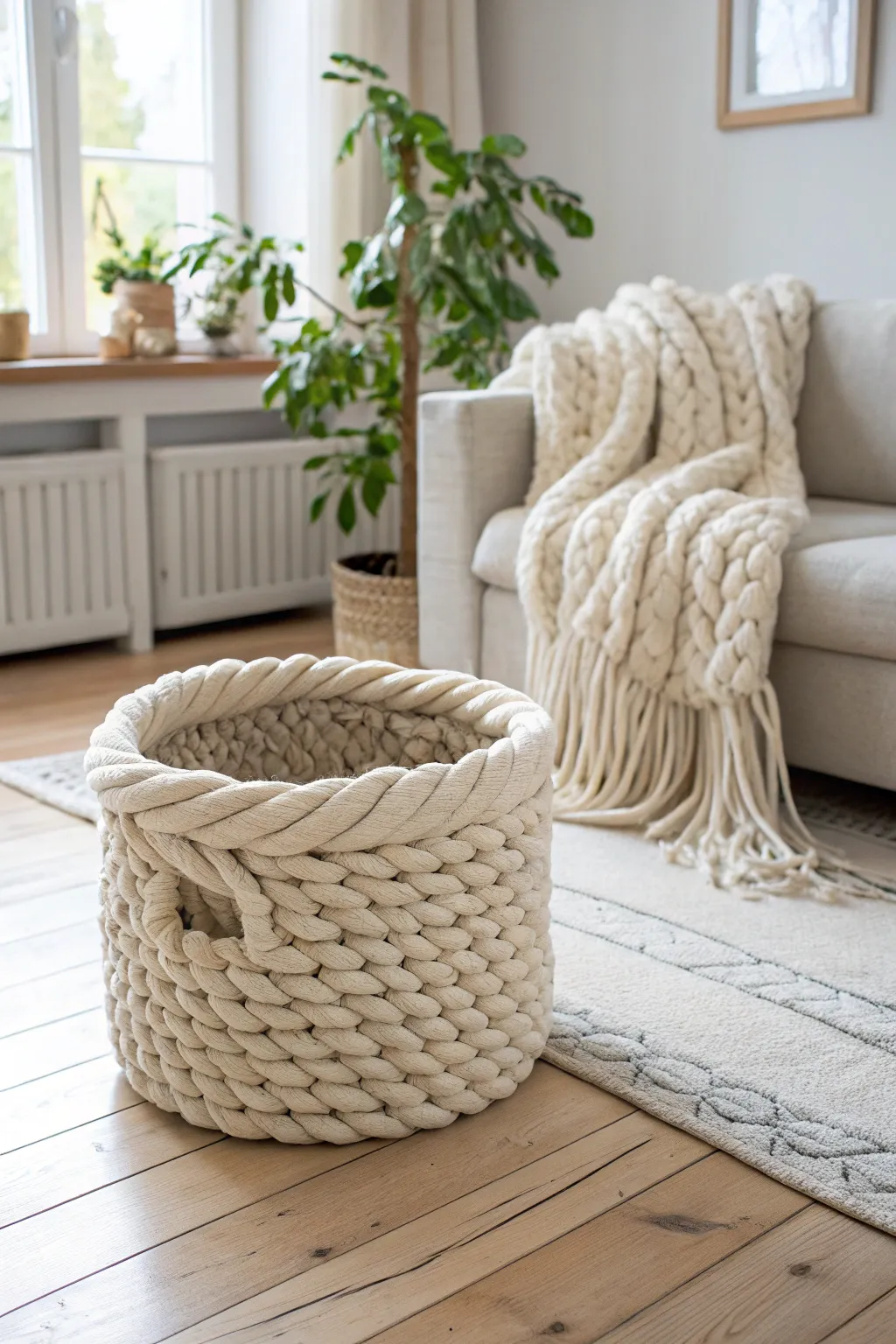 Embrace simplicity with a chunky yarn basket, perfect for stowing cozy throws in style.