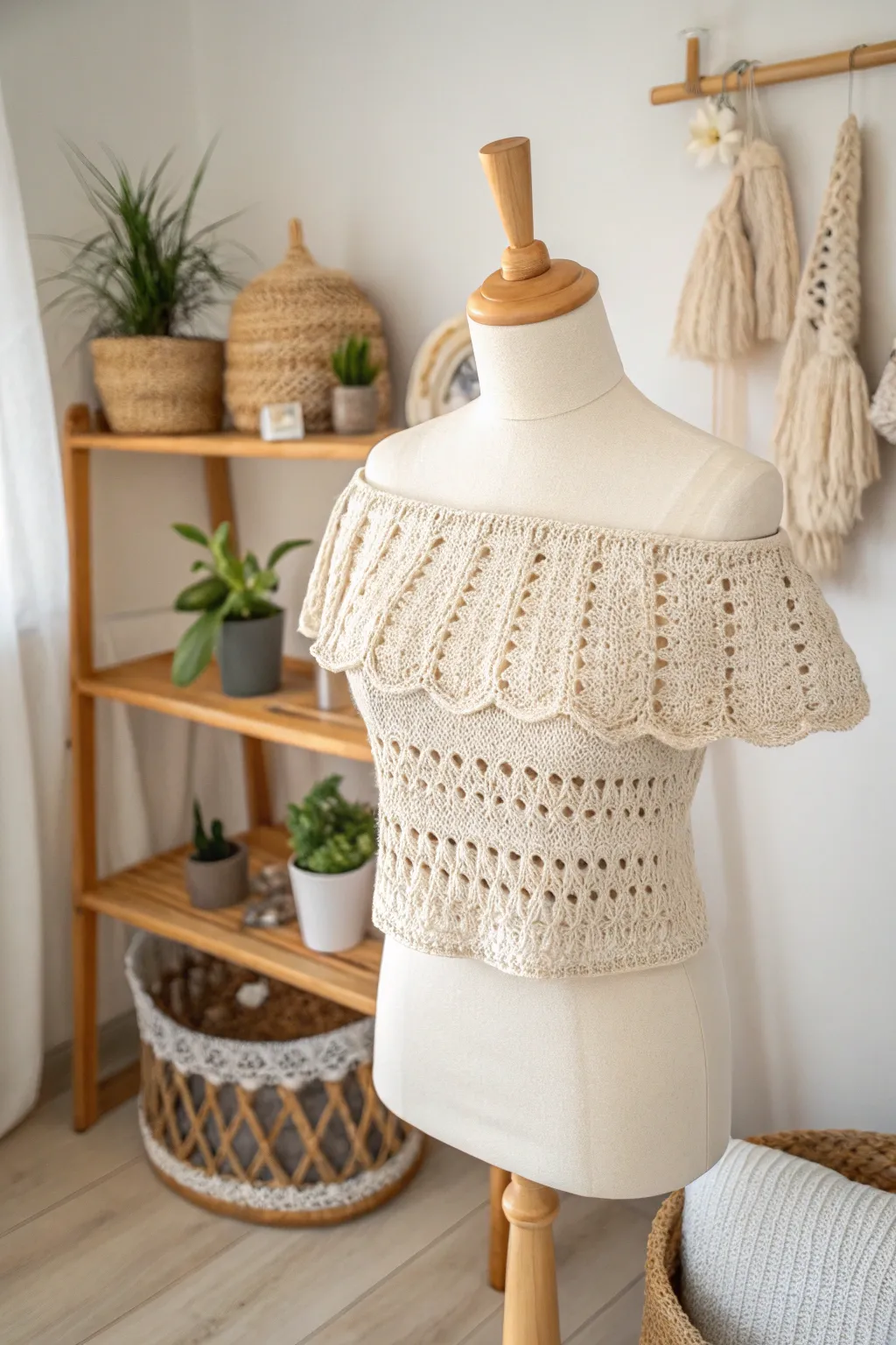 Embrace sun-kissed days with this chic off-the-shoulder crochet top, the perfect blend of minimalist style and boho charm.
