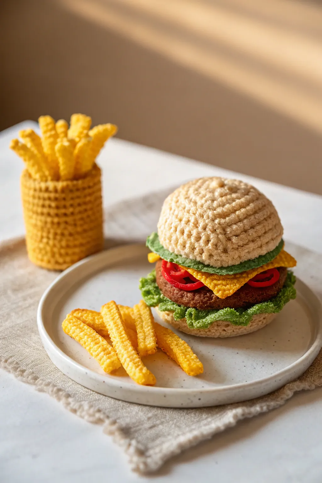 Indulge in the playful charm of crochet fast-food faves—a guilt-free delight for your decor!