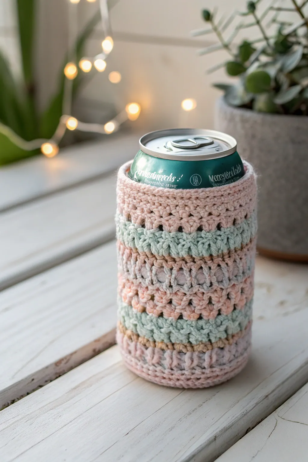 Keep it cool in style with this charming crochet can cozy, the perfect blend of craftsmanship and simplicity.