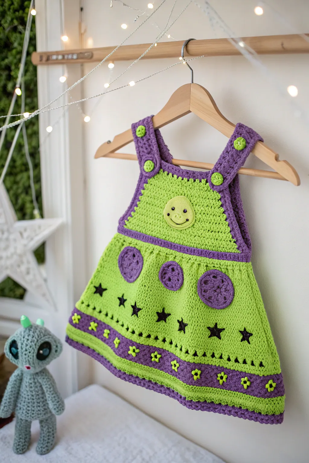Capture the cosmos with this vibrant crochet alien costume, where Scandinavian simplicity meets Boho creativity.