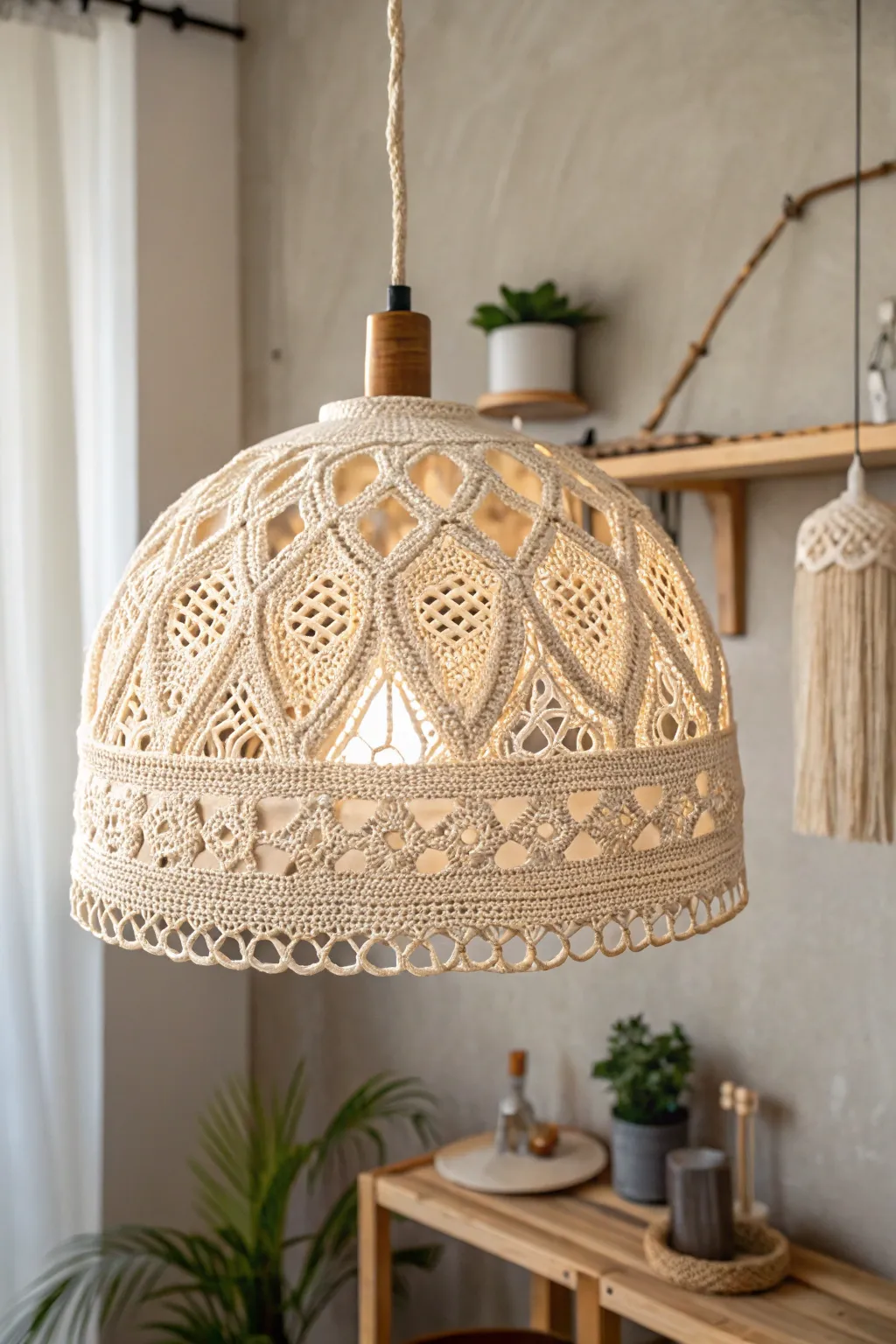 Illuminate your space with the cozy charm of a handmade crochet lampshade.