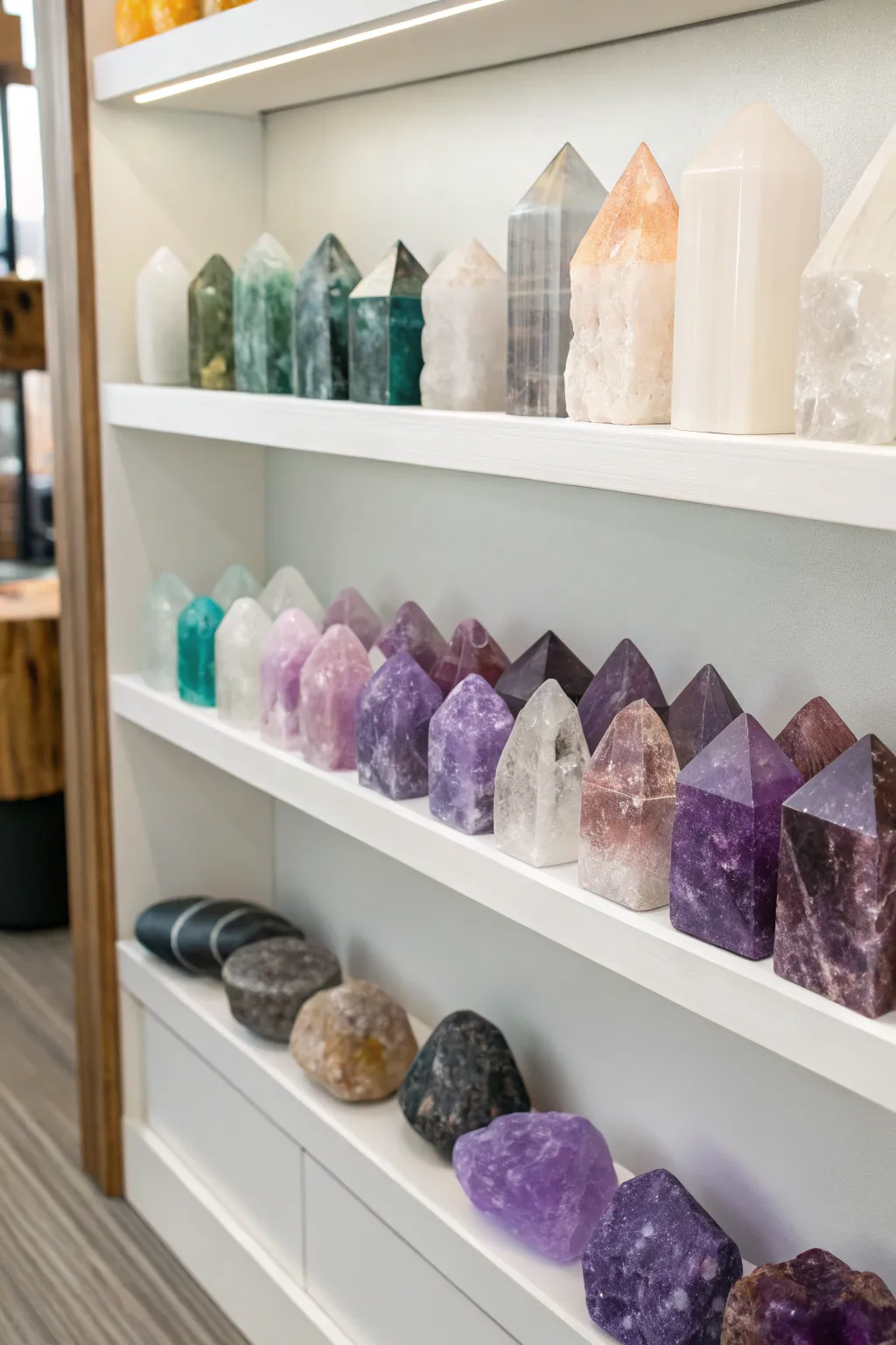 Crystals organized by color creating a visually harmonious display.