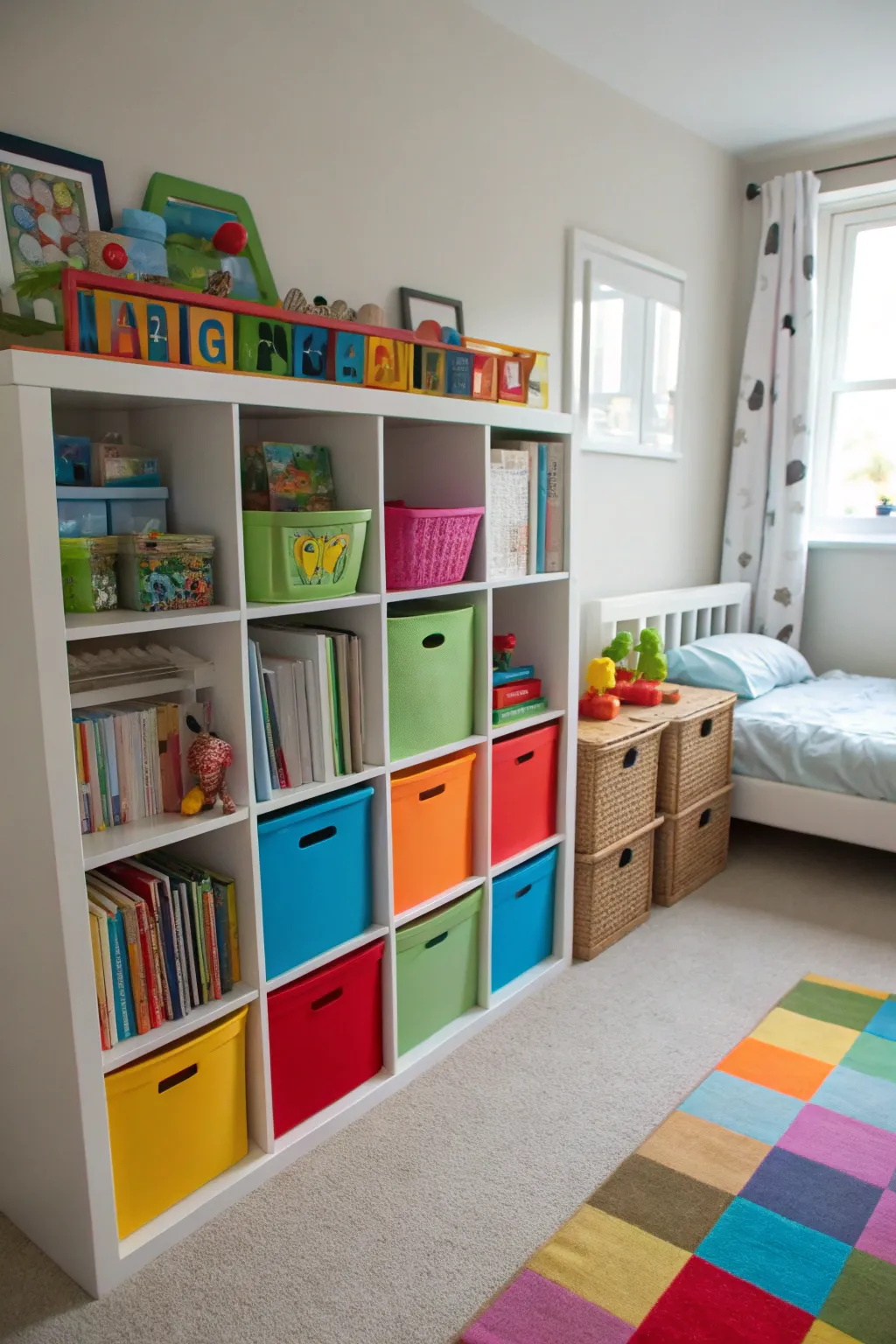 Cube storage helps keep kids' rooms tidy and fun.