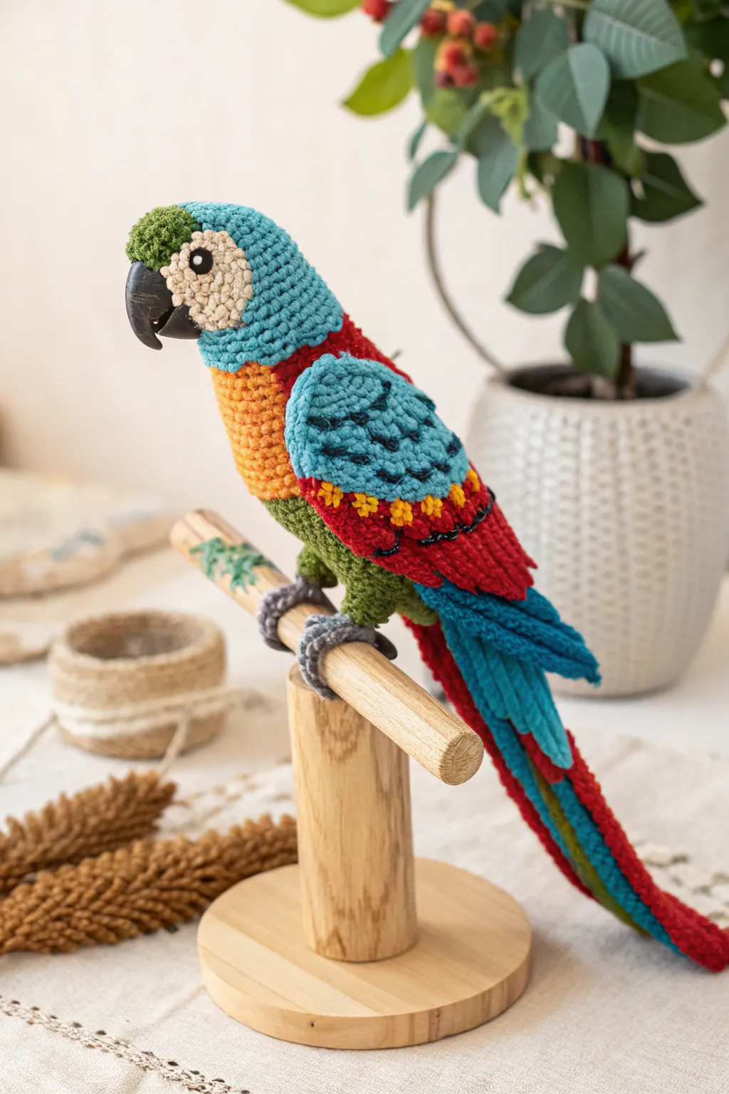 Add a pop of tropical vibrance to your space with this stunning crochet parrot—where craftsmanship meets color!
