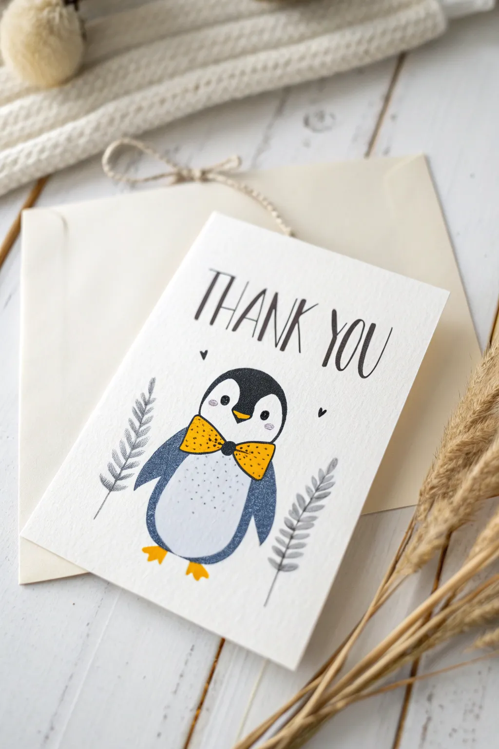 Delight in simplicity: a charming penguin thank you card with a pop of color.