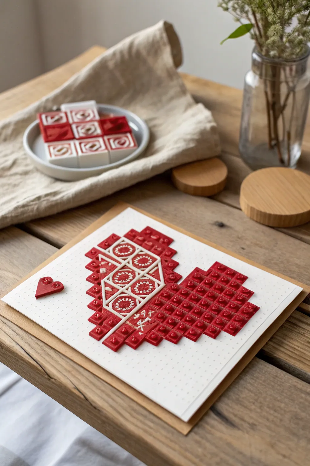 Craft your love with playful creativity: LEGO-stamped heart cards for a unique Valentine's touch.