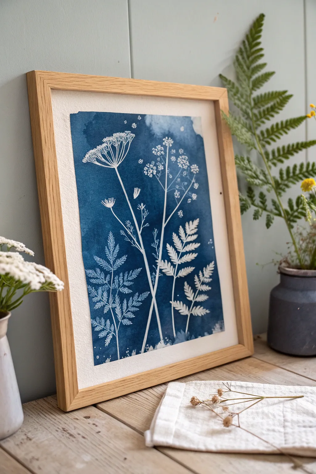 Discover the art of contrast: Where deep blues meet vibrant hues in a Scandinavian-inspired cyanotype masterpiece.