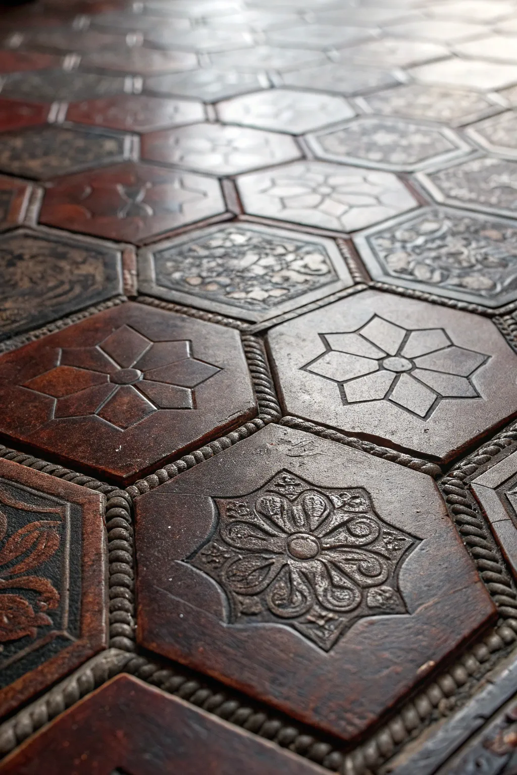 Intriguing textures and patterns in dark tile flooring.