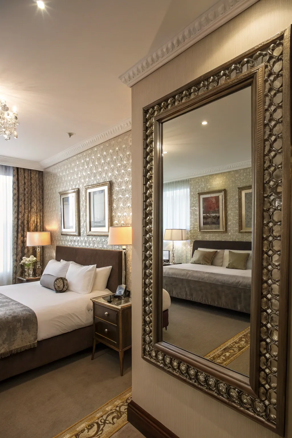Chic mirrors add sophistication and depth to the room.