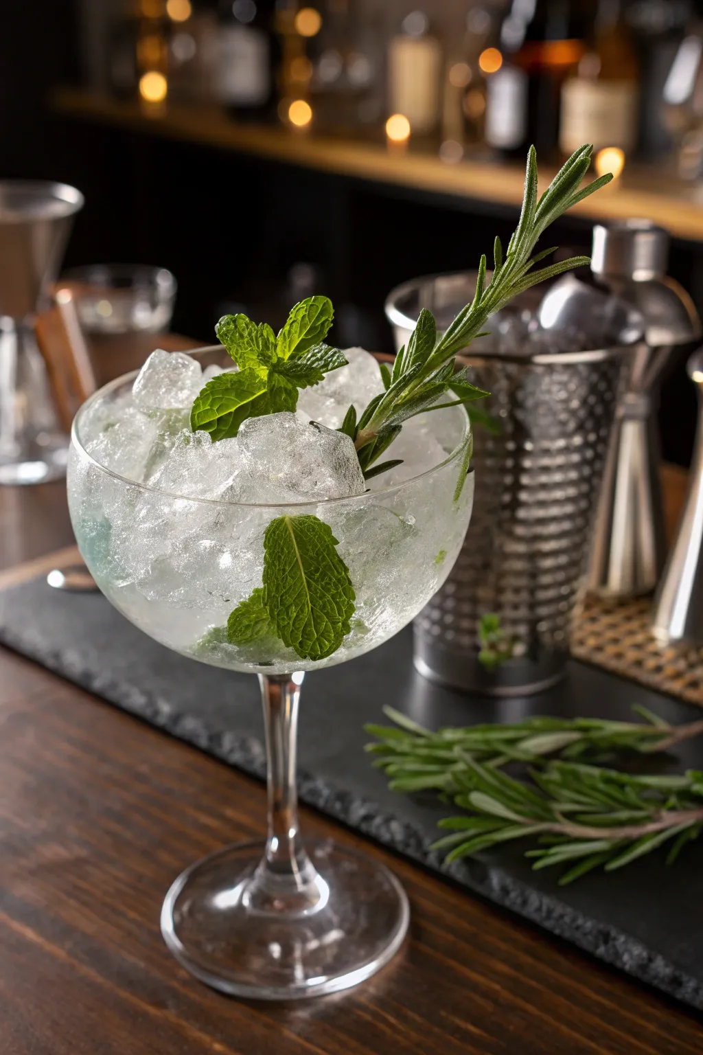 Herb-infused ice cubes add an aromatic flair.