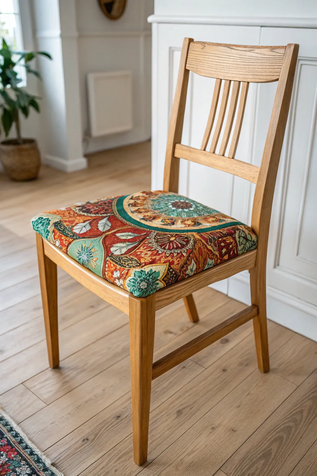 Transform your dining space with a touch of boho charm through vibrant decoupage chair seats.