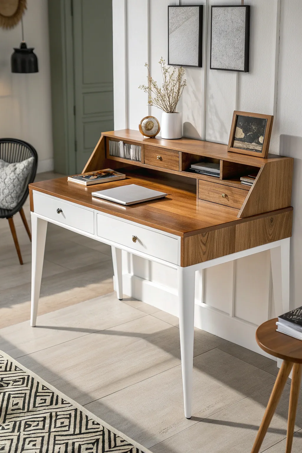 Elevate your workspace with this two-tone modern chic desk design, where craftsmanship meets contemporary style.