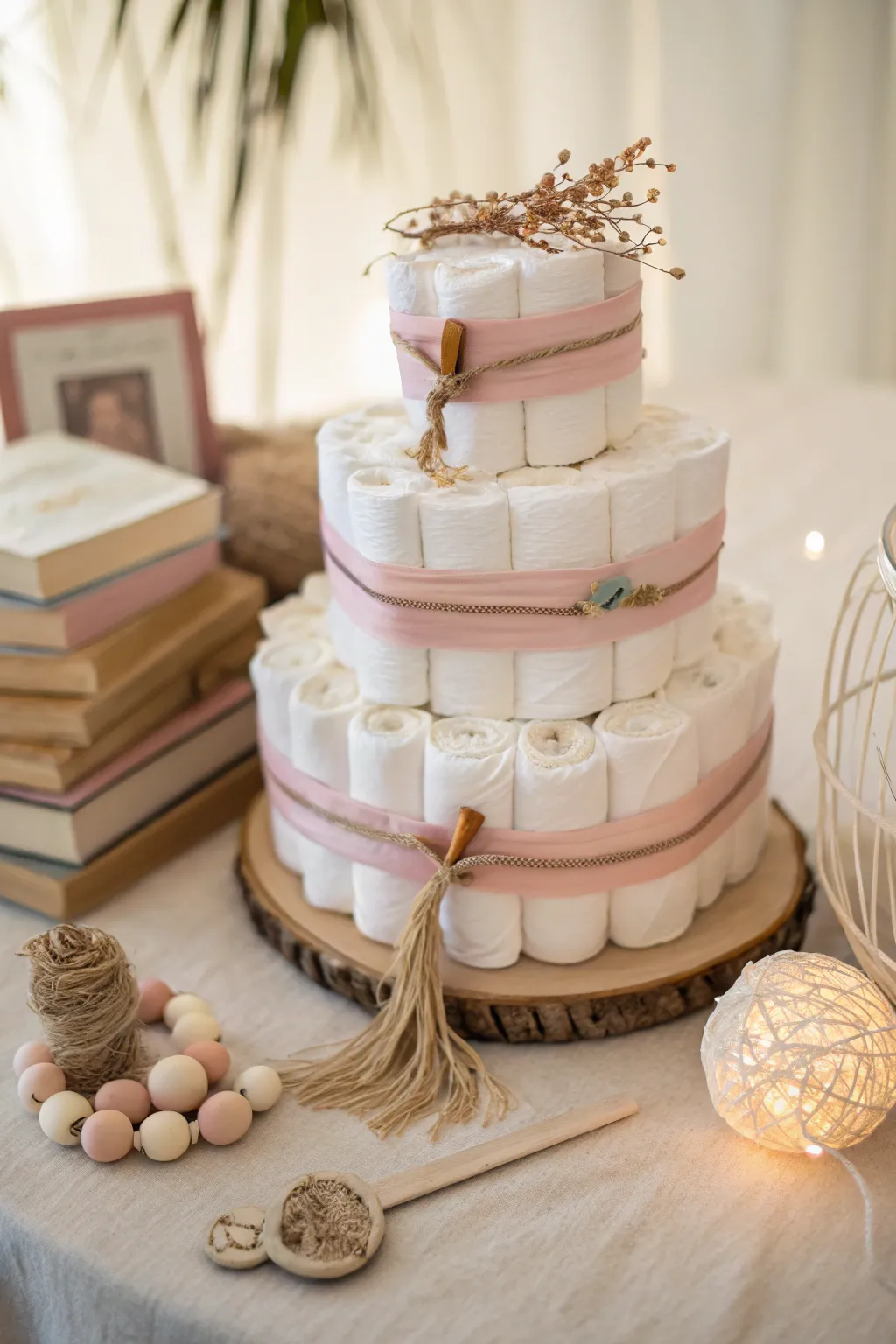 Enchanting Storybook Diaper Cake: Where Minimalist Design Meets Childhood Wonder.