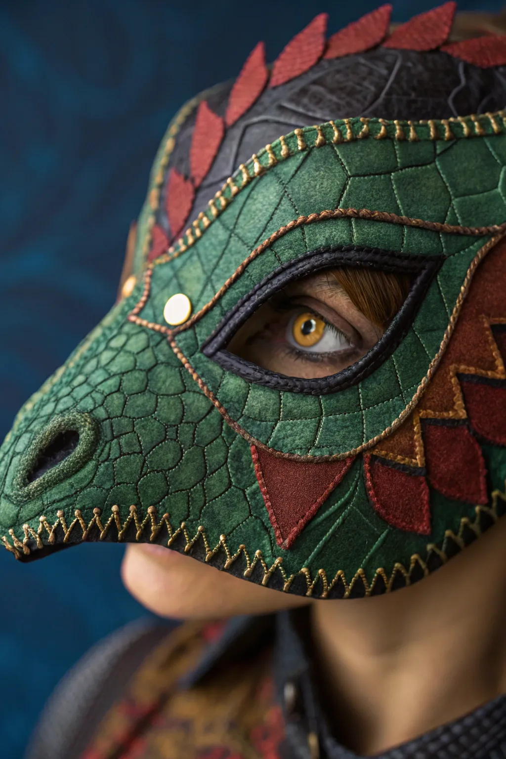 Craftsmanship meets creativity: Transform your dino mask with a textured fabric eye patch.