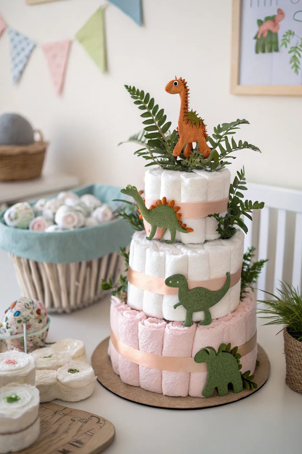 Elevate your baby shower with this stunning dinosaur diaper cake—a perfect blend of creativity and simplicity!