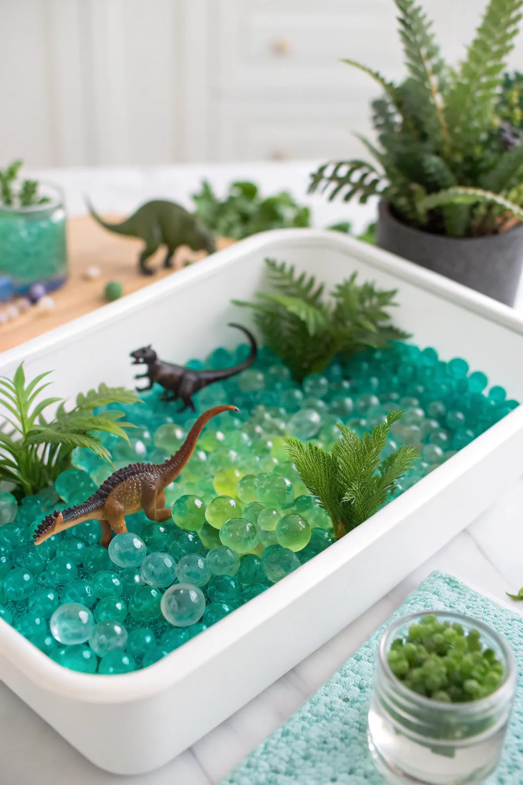 Dive into a world of imaginative play with this serene dinosaur swamp sensory bin, where vibrant colors and natural beauty come together.
