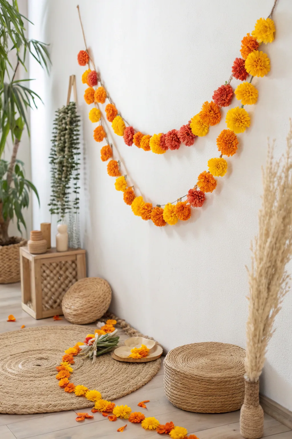 Bring the vibrant spirit of Diwali into your home with these stunning DIY paper marigold garlands, a perfect blend of simplicity and bold color.