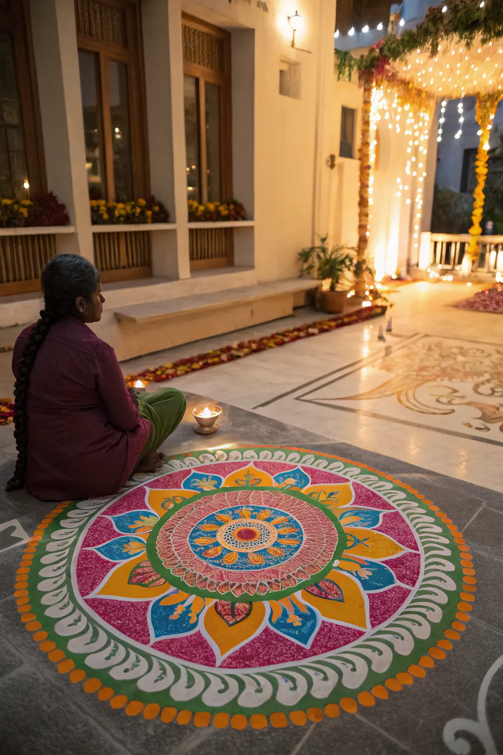 Rangoli designs bring a splash of color and artistry to your Diwali photos.