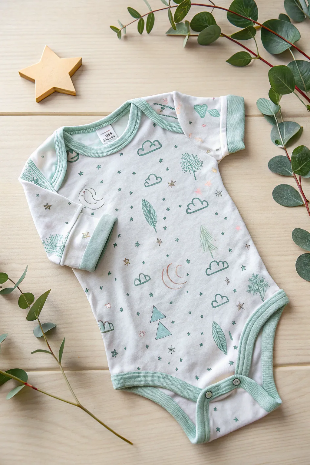 Embrace simplicity and natural beauty with this charming gender-neutral baby onesie design. Perfect for any nursery style!