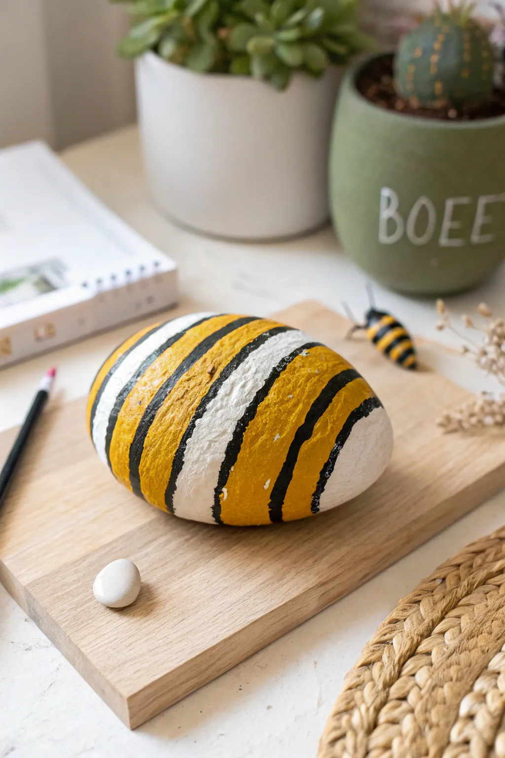 Add a touch of nature's charm to your space with these vibrant beehive-painted rock markers.