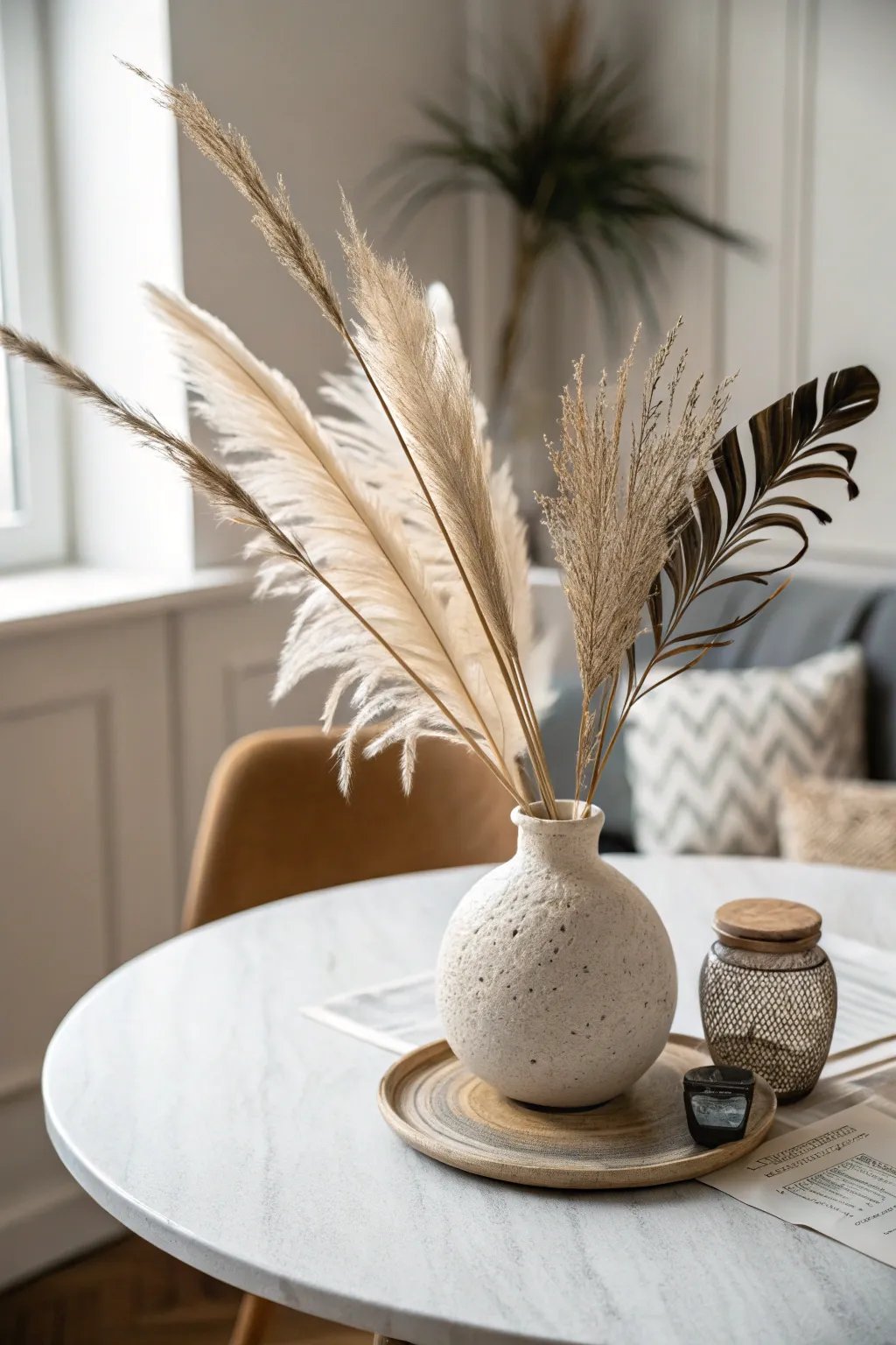 Embrace the boho spirit with a feathered centerpiece that dances with elegance and charm.