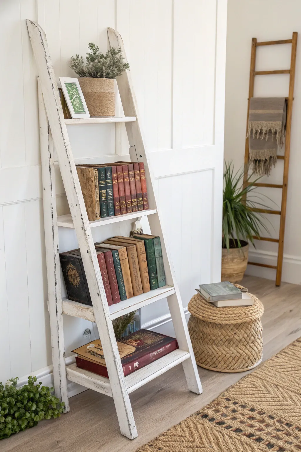 Transform a vintage ladder into a stunning book holder, blending Scandinavian minimalism with boho charm. 📚✨