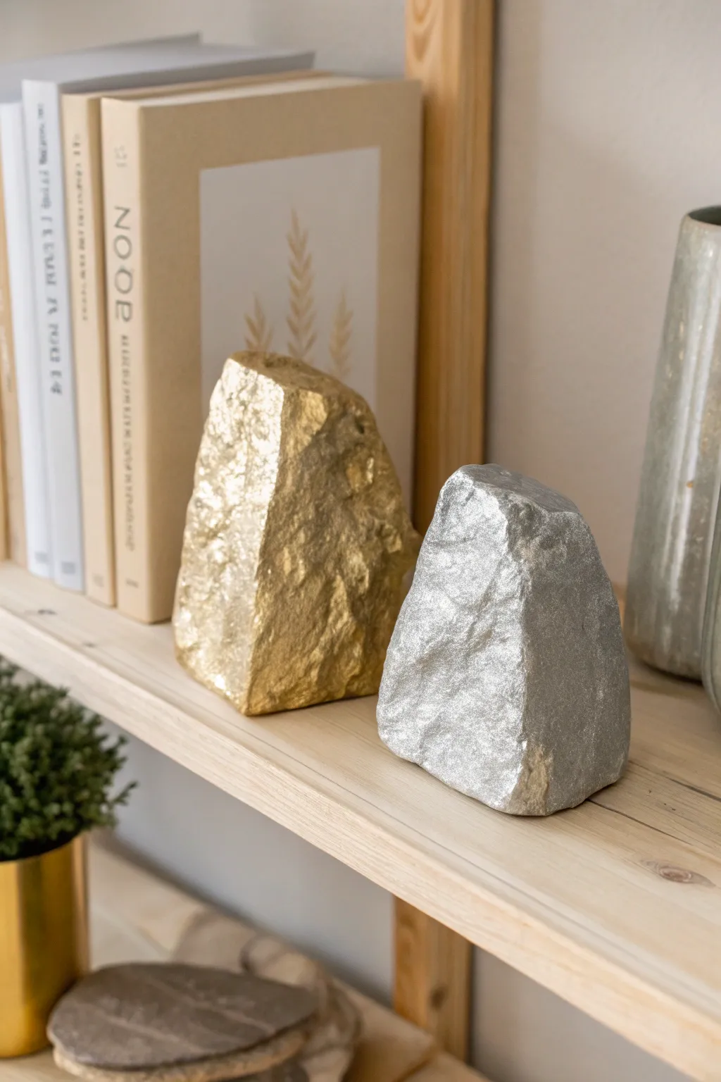 Bring the outdoors in with these chic, metallic-painted rock bookends – a perfect blend of nature and minimalism.
