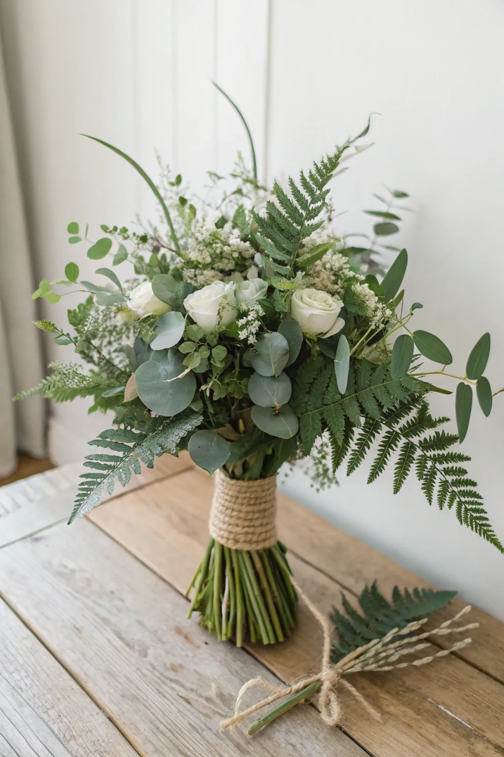 Embrace natural elegance with a sustainable bridal bouquet of ferns and eucalyptus, perfect for the eco-conscious bride.
