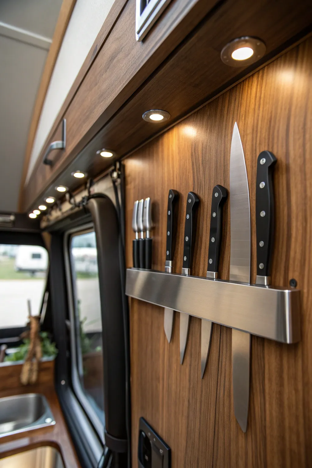Elevate your campervan kitchen with magnetic strips: where style meets practicality.