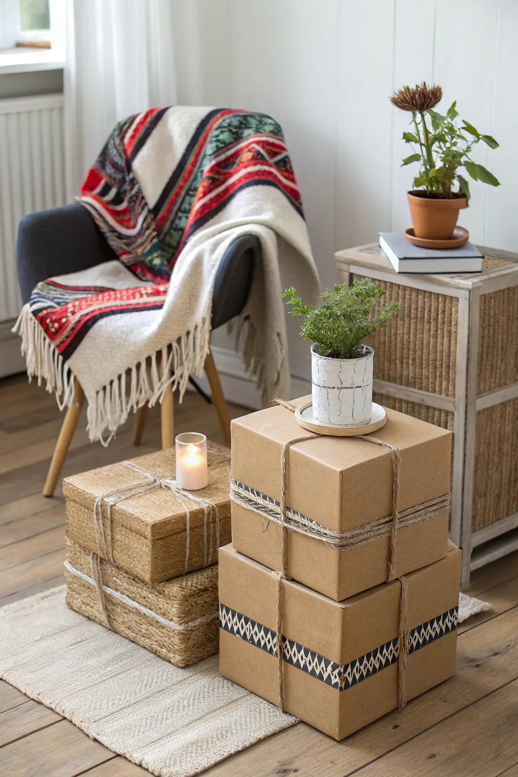 Transform cardboard boxes into a chic boho-industrial side table for your living room!