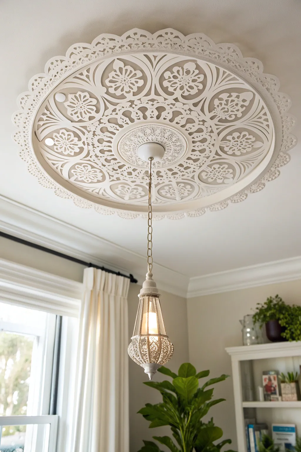 Transform your ceiling with boho-inspired scrollwork: a touch of elegance through handcrafted beauty.