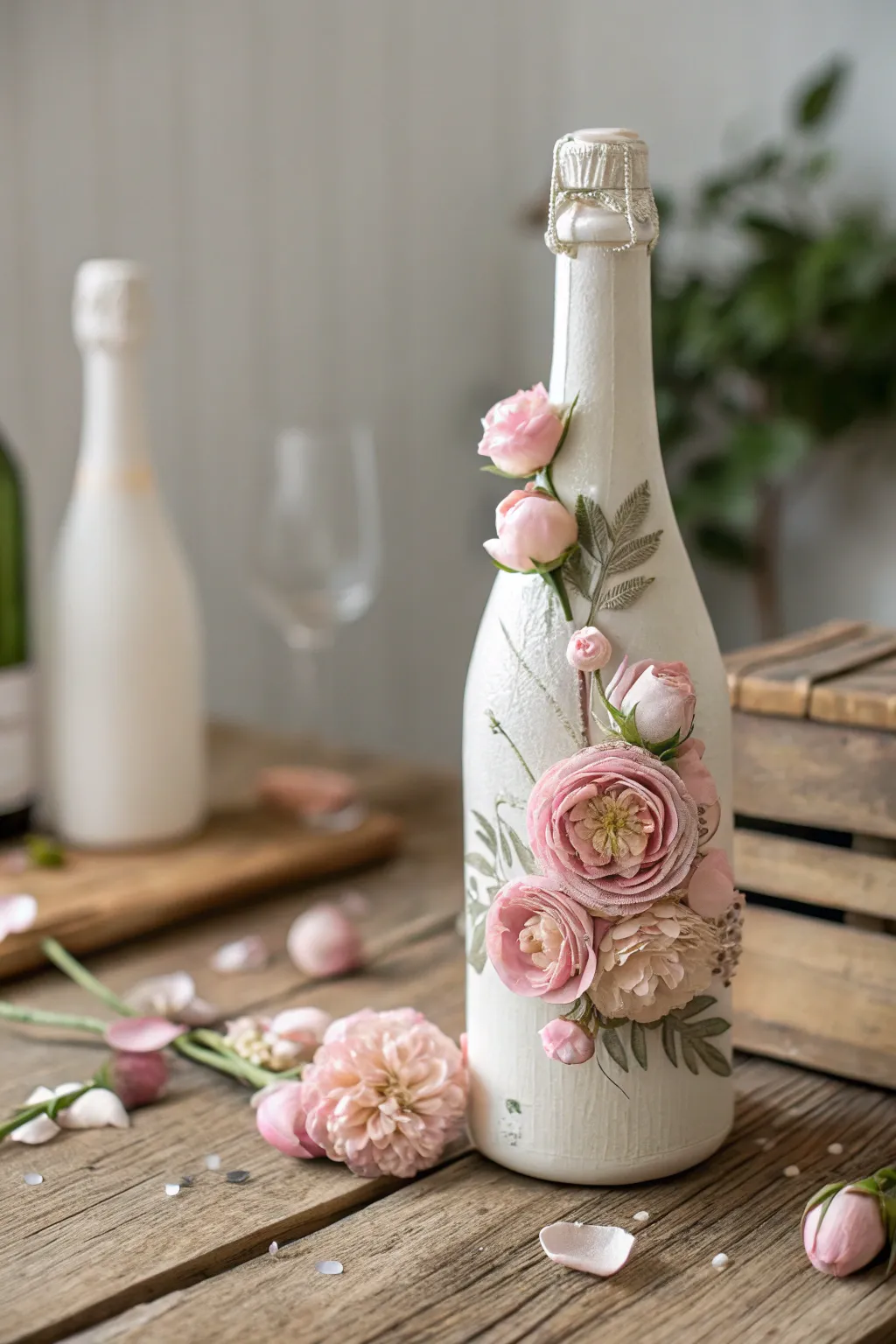 Transform your champagne bottle into a spring masterpiece with charming pink peonies.